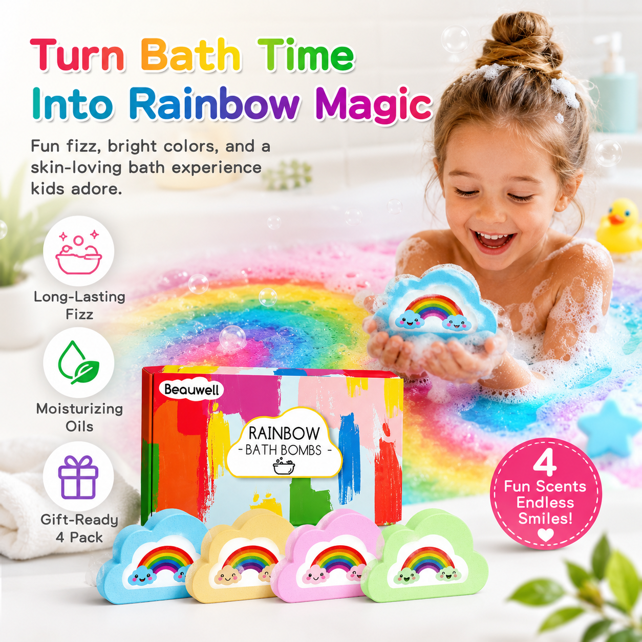Rainbow Bath Bombs for Kids, Handmade 4 Pcs Kids Bath Bombs, Summer Bath Time Fun for Girls Teens Toddlers, Rainbow Bubble Fizzy