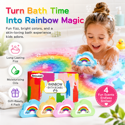 Rainbow Bath Bombs for Kids, Handmade 4 Pcs Kids Bath Bombs, Summer Bath Time Fun for Girls Teens Toddlers, Rainbow Bubble Fizzy