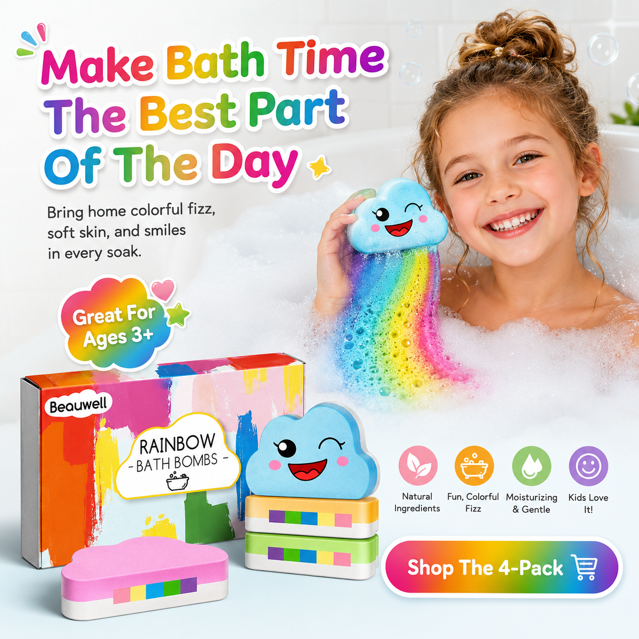 Rainbow Bath Bombs for Kids, Handmade 4 Pcs Kids Bath Bombs, Summer Bath Time Fun for Girls Teens Toddlers, Rainbow Bubble Fizzy