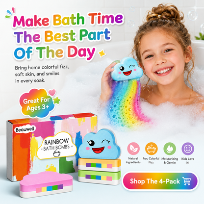 Rainbow Bath Bombs for Kids, Handmade 4 Pcs Kids Bath Bombs, Summer Bath Time Fun for Girls Teens Toddlers, Rainbow Bubble Fizzy