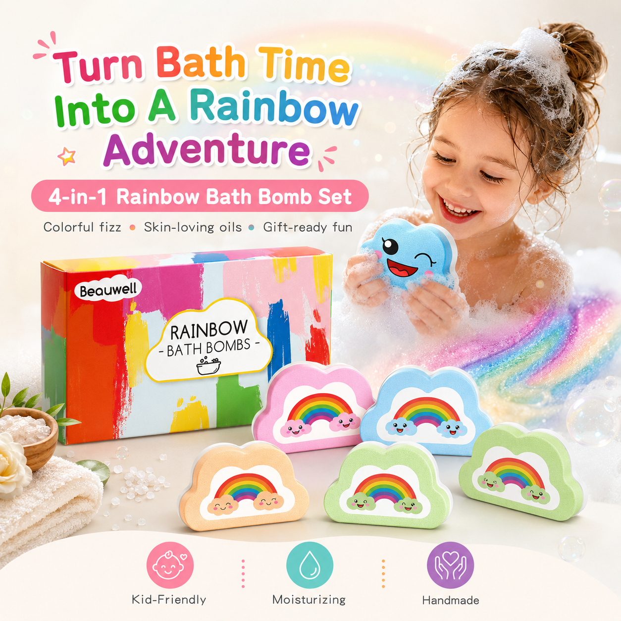 Rainbow Bath Bombs for Kids, Handmade 4 Pcs Kids Bath Bombs, Summer Bath Time Fun for Girls Teens Toddlers, Rainbow Bubble Fizzy