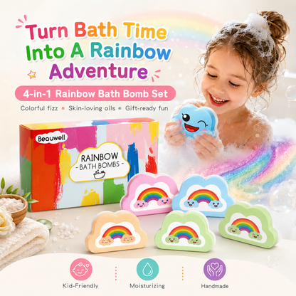 Rainbow Bath Bombs for Kids, Handmade 4 Pcs Kids Bath Bombs, Summer Bath Time Fun for Girls Teens Toddlers, Rainbow Bubble Fizzy