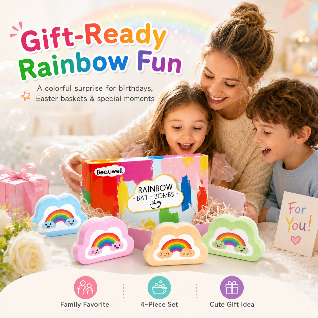 Rainbow Bath Bombs for Kids, Handmade 4 Pcs Kids Bath Bombs, Summer Bath Time Fun for Girls Teens Toddlers, Rainbow Bubble Fizzy