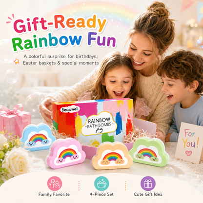 Rainbow Bath Bombs for Kids, Handmade 4 Pcs Kids Bath Bombs, Summer Bath Time Fun for Girls Teens Toddlers, Rainbow Bubble Fizzy