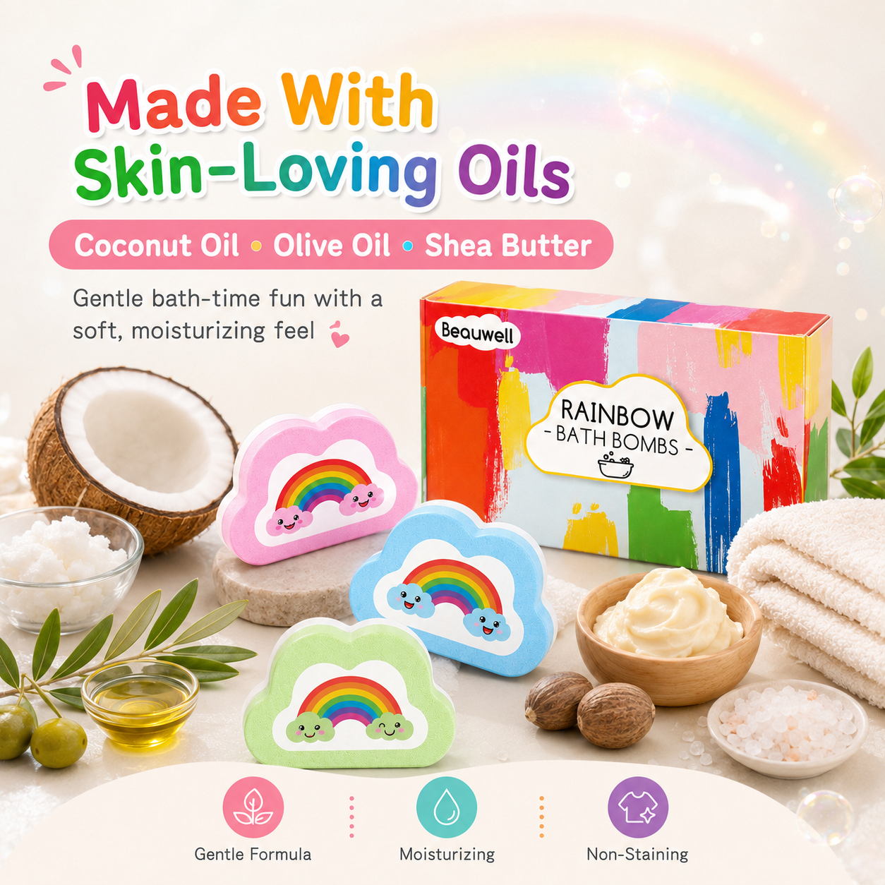 Rainbow Bath Bombs for Kids, Handmade 4 Pcs Kids Bath Bombs, Summer Bath Time Fun for Girls Teens Toddlers, Rainbow Bubble Fizzy
