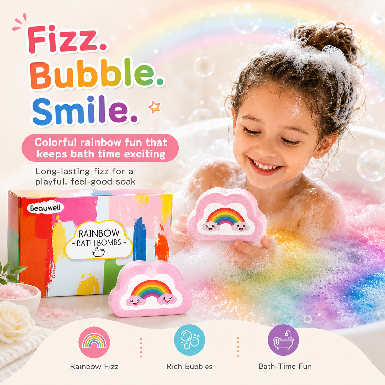 Rainbow Bath Bombs for Kids, Handmade 4 Pcs Kids Bath Bombs, Summer Bath Time Fun for Girls Teens Toddlers, Rainbow Bubble Fizzy