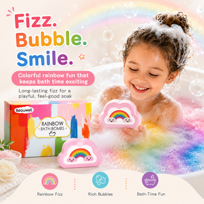 Rainbow Bath Bombs for Kids, Handmade 4 Pcs Kids Bath Bombs, Summer Bath Time Fun for Girls Teens Toddlers, Rainbow Bubble Fizzy