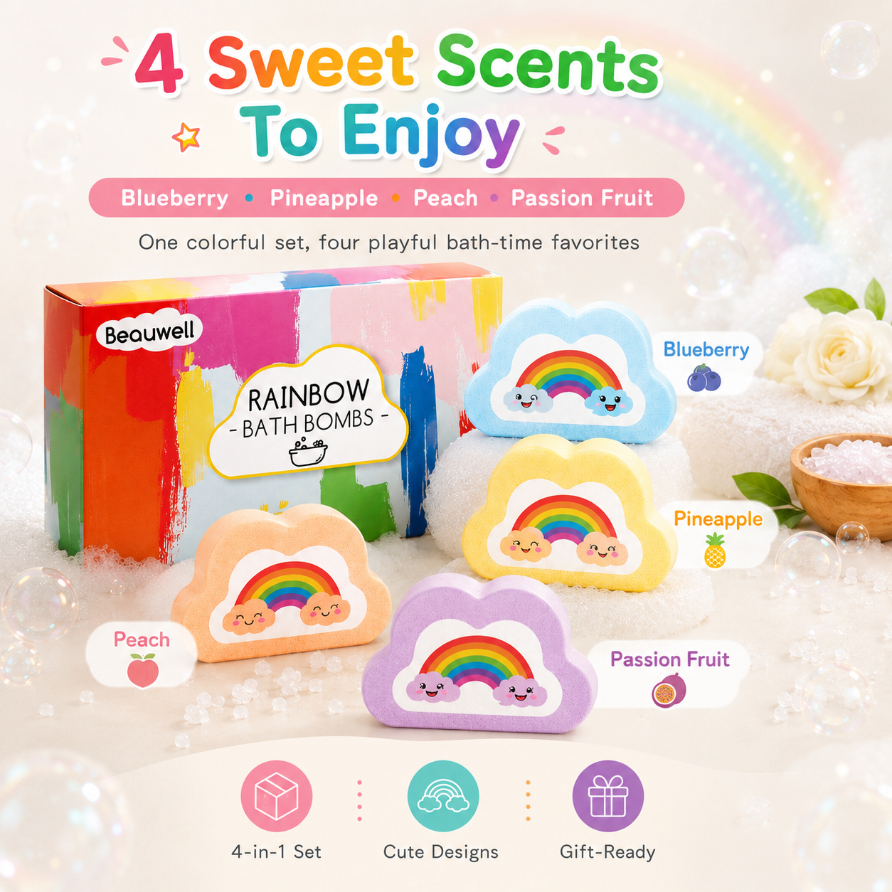 Rainbow Bath Bombs for Kids, Handmade 4 Pcs Kids Bath Bombs, Summer Bath Time Fun for Girls Teens Toddlers, Rainbow Bubble Fizzy