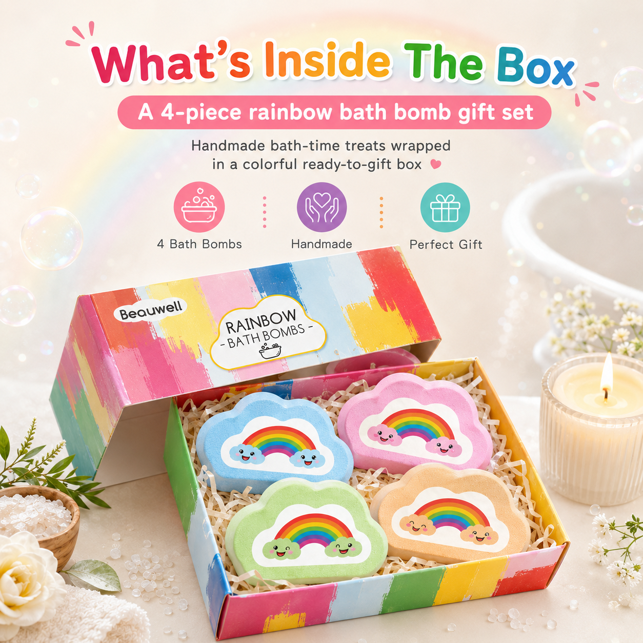 Rainbow Bath Bombs for Kids, Handmade 4 Pcs Kids Bath Bombs, Summer Bath Time Fun for Girls Teens Toddlers, Rainbow Bubble Fizzy