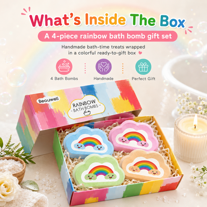 Rainbow Bath Bombs for Kids, Handmade 4 Pcs Kids Bath Bombs, Summer Bath Time Fun for Girls Teens Toddlers, Rainbow Bubble Fizzy