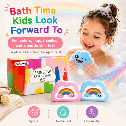 Rainbow Bath Bombs for Kids, Handmade 4 Pcs Kids Bath Bombs, Summer Bath Time Fun for Girls Teens Toddlers, Rainbow Bubble Fizzy