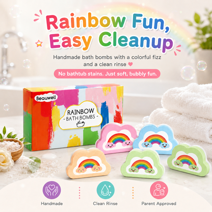 Rainbow Bath Bombs for Kids, Handmade 4 Pcs Kids Bath Bombs, Summer Bath Time Fun for Girls Teens Toddlers, Rainbow Bubble Fizzy