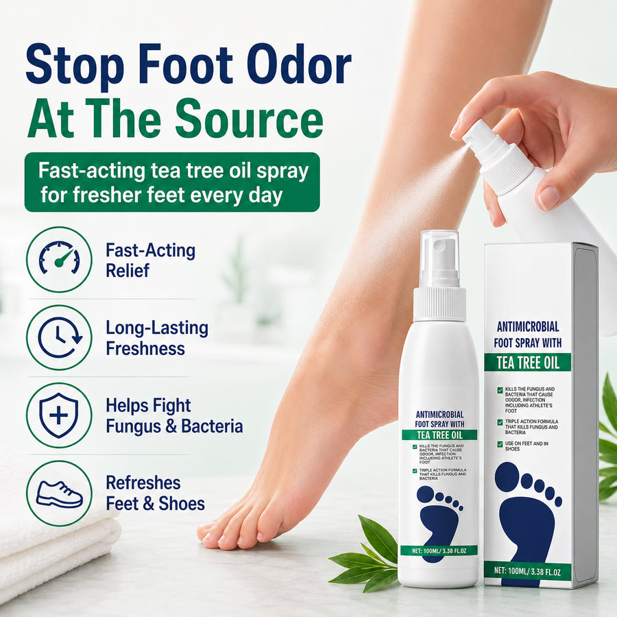 Foot spray freshness graphic showing the bottle beside a foot-care application scene