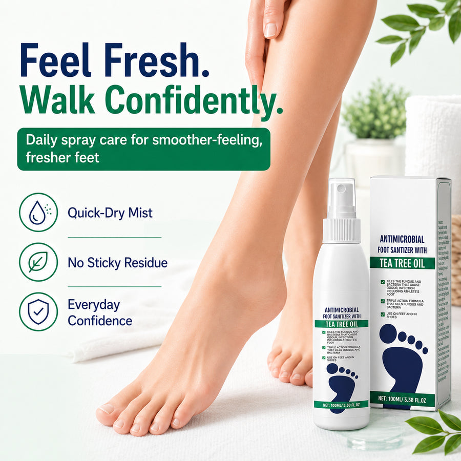 Fresh-foot lifestyle image highlighting the spray's quick-dry mist and lightweight feel