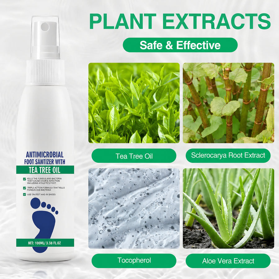 Product ingredient graphic highlighting tea tree oil and botanical extracts alongside the spray bottle