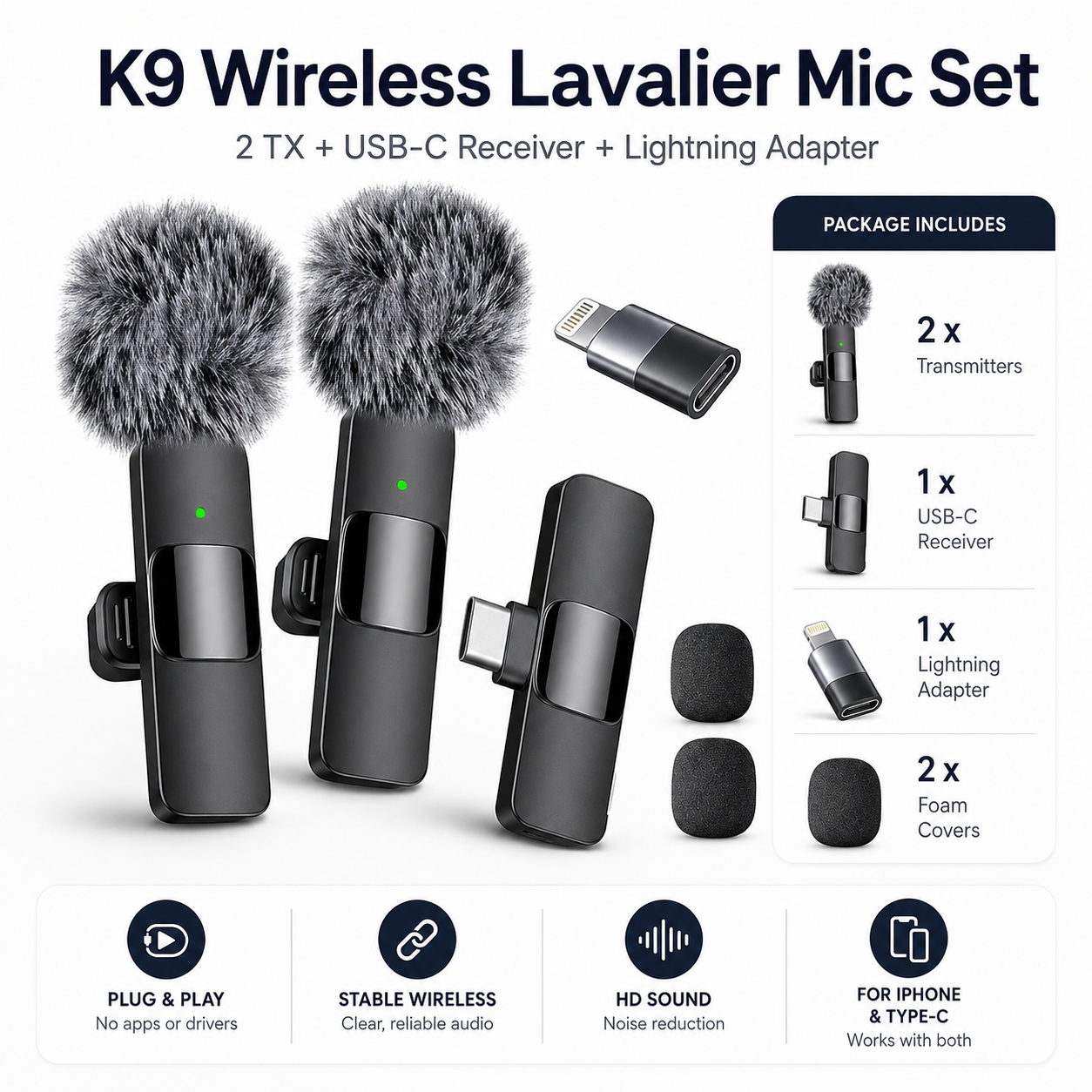 Hitozon Wireless Microphone for iPhone & Android - Lavalier, Noise Reduction