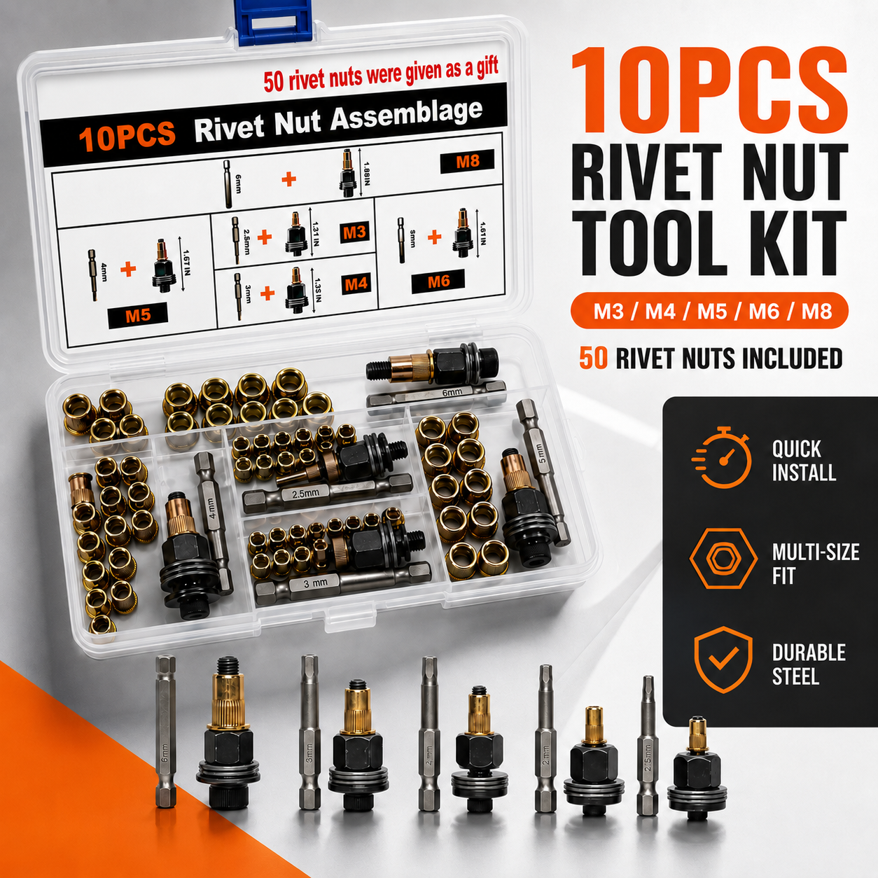 Head Rivet Nut Tool Kit M3-M8 Carbon Steel for Automotive & DIY