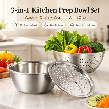 3-in-1 Multifunction Kitchen Strainer Set – Stainless Steel Wash, Drain & Slice Bowl for Fruits, Vegetables & Rice