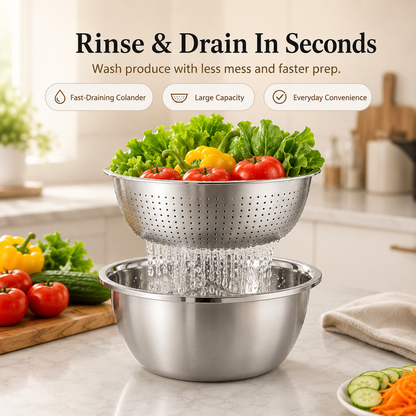 3-in-1 Multifunction Kitchen Strainer Set – Stainless Steel Wash, Drain & Slice Bowl for Fruits, Vegetables & Rice