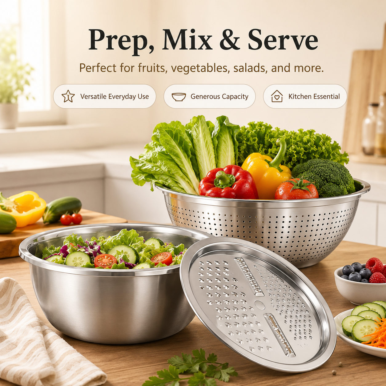 3-in-1 Multifunction Kitchen Strainer Set – Stainless Steel Wash, Drain & Slice Bowl for Fruits, Vegetables & Rice