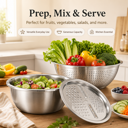 3-in-1 Multifunction Kitchen Strainer Set – Stainless Steel Wash, Drain & Slice Bowl for Fruits, Vegetables & Rice