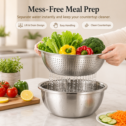 3-in-1 Multifunction Kitchen Strainer Set – Stainless Steel Wash, Drain & Slice Bowl for Fruits, Vegetables & Rice