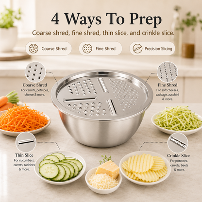 3-in-1 Multifunction Kitchen Strainer Set – Stainless Steel Wash, Drain & Slice Bowl for Fruits, Vegetables & Rice