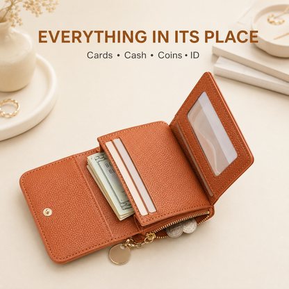 Women's Elegant Minimalist Short Slim Wallet All-match Trendy Mini 3 Bifold Purse Blocking Card Holder Money Clip ID Window Compact Coin Purse Ideal Gift