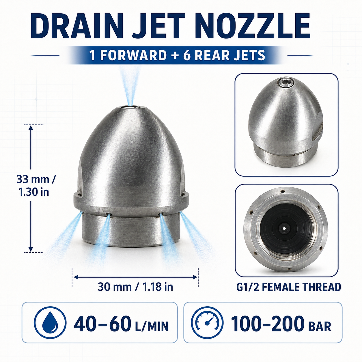 💦 3000 PSI 40 L/Min 3/8'' Stainless Steel Sewer Jetter Nozzle&nbsp;