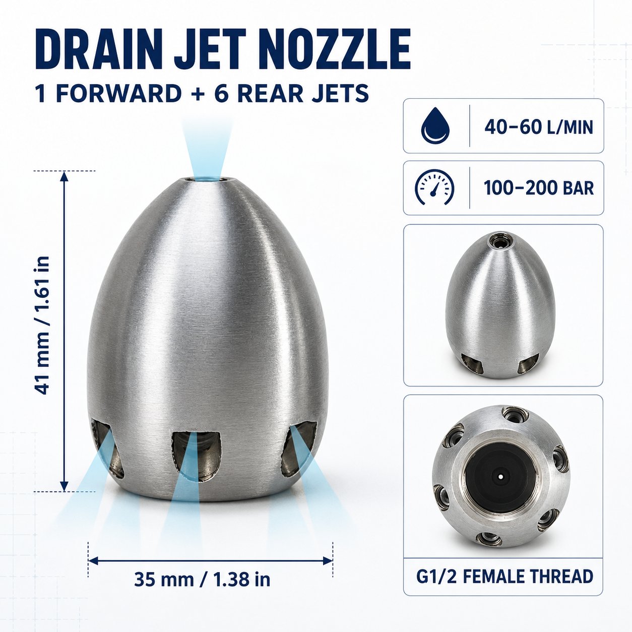 💦 3000 PSI 40 L/Min 3/8'' Stainless Steel Sewer Jetter Nozzle&nbsp;