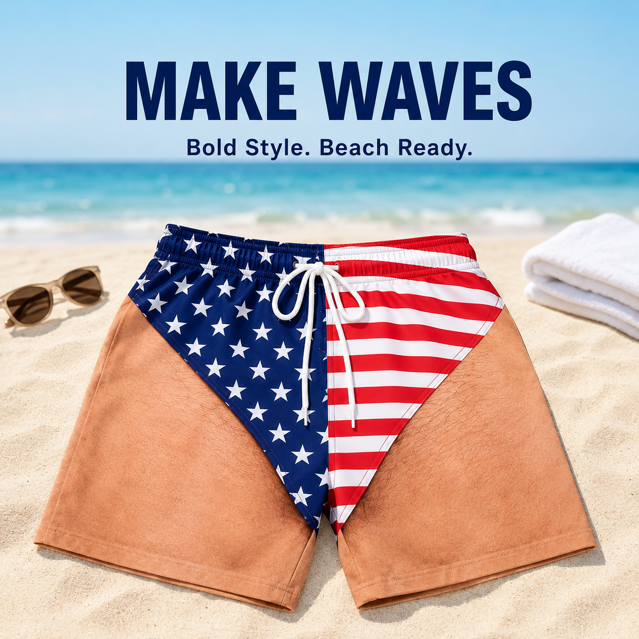 😂🇺🇸 Funny Illusion American Flag Swim Shorts – Double Take Patriotic Beach Shorts for Men 🌊
