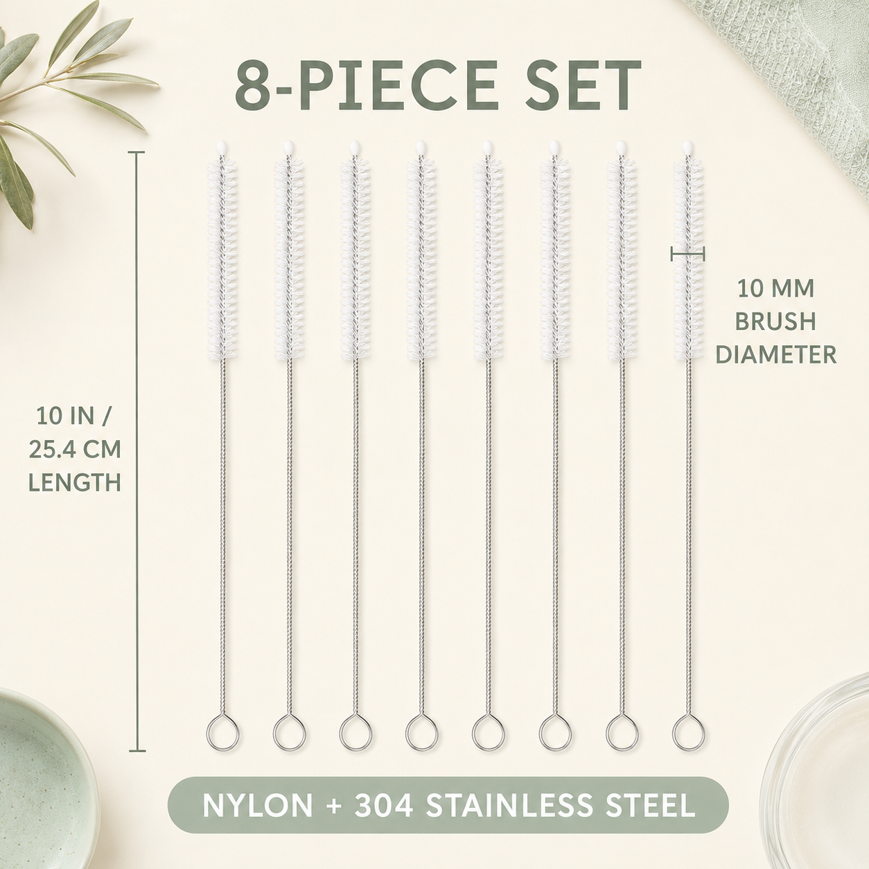 Straw Cleaner Brush Set - 8 Pieces Stainless Steel