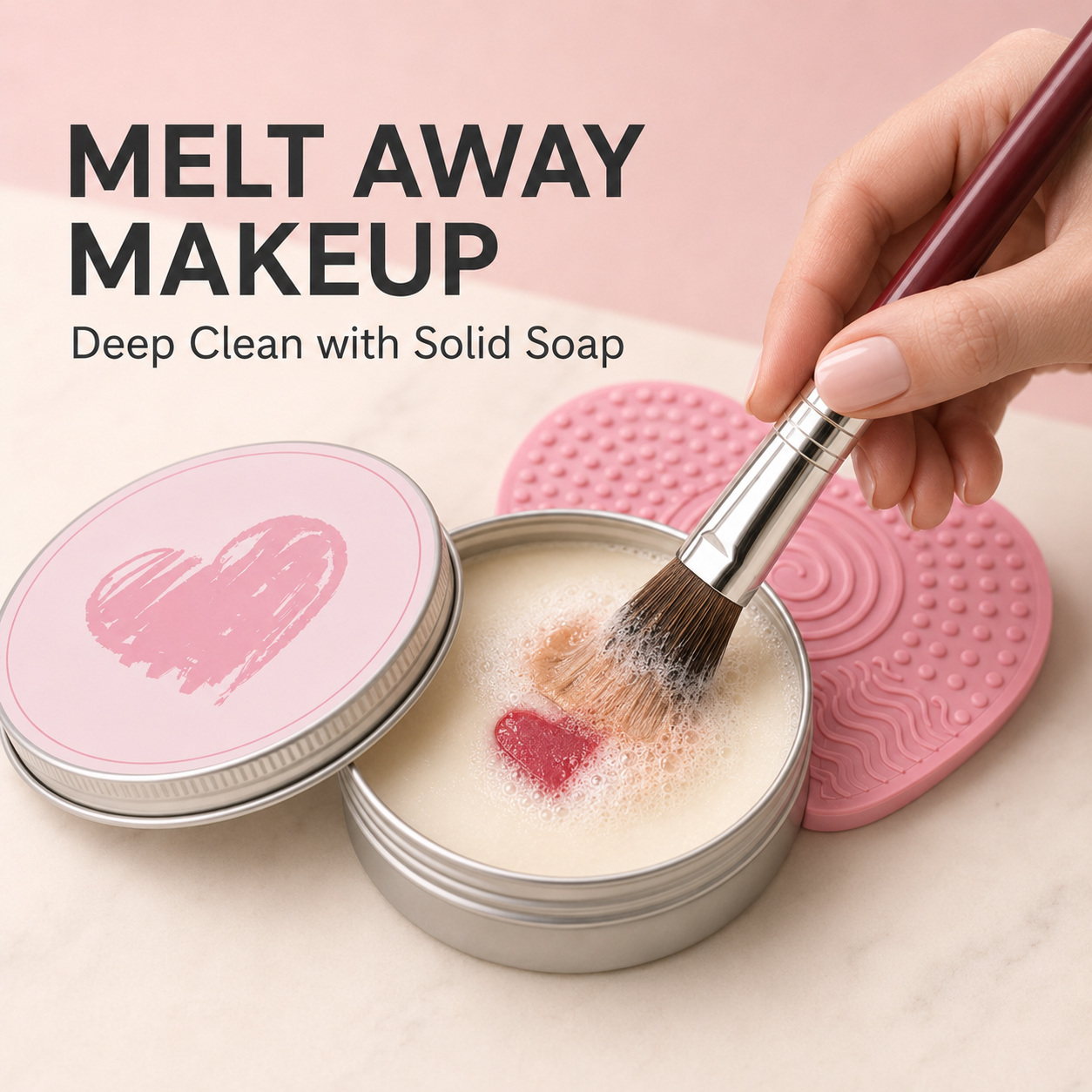 Makeup Brush Heart-Shaped Cleansing Soap – Solid Cleanser with Silicone Cleaning Pad
