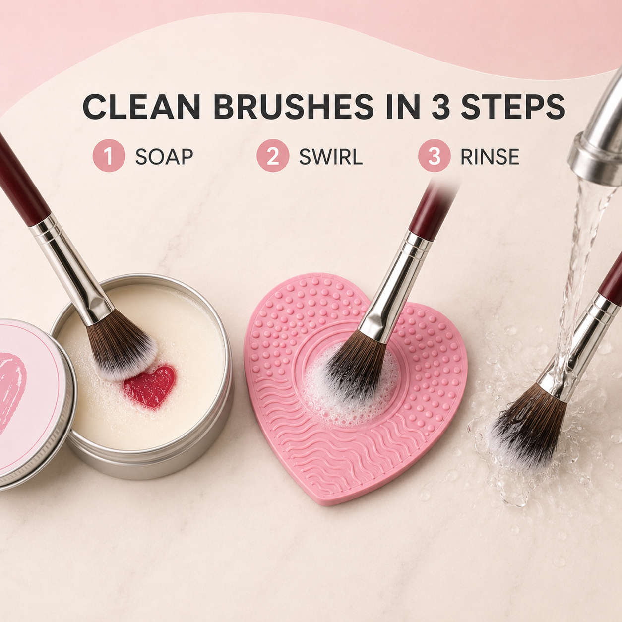 Makeup Brush Heart-Shaped Cleansing Soap – Solid Cleanser with Silicone Cleaning Pad