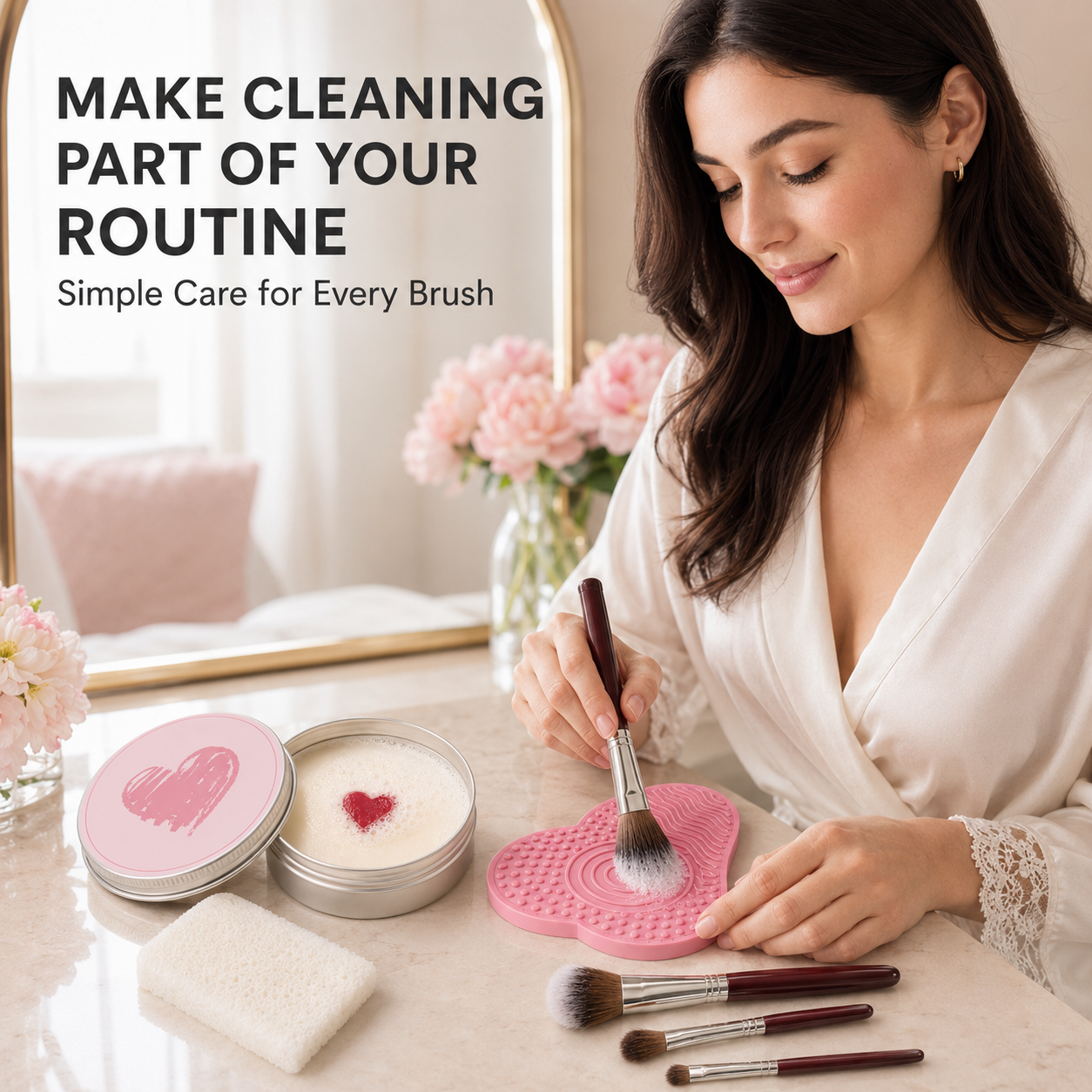 Makeup Brush Heart-Shaped Cleansing Soap – Solid Cleanser with Silicone Cleaning Pad