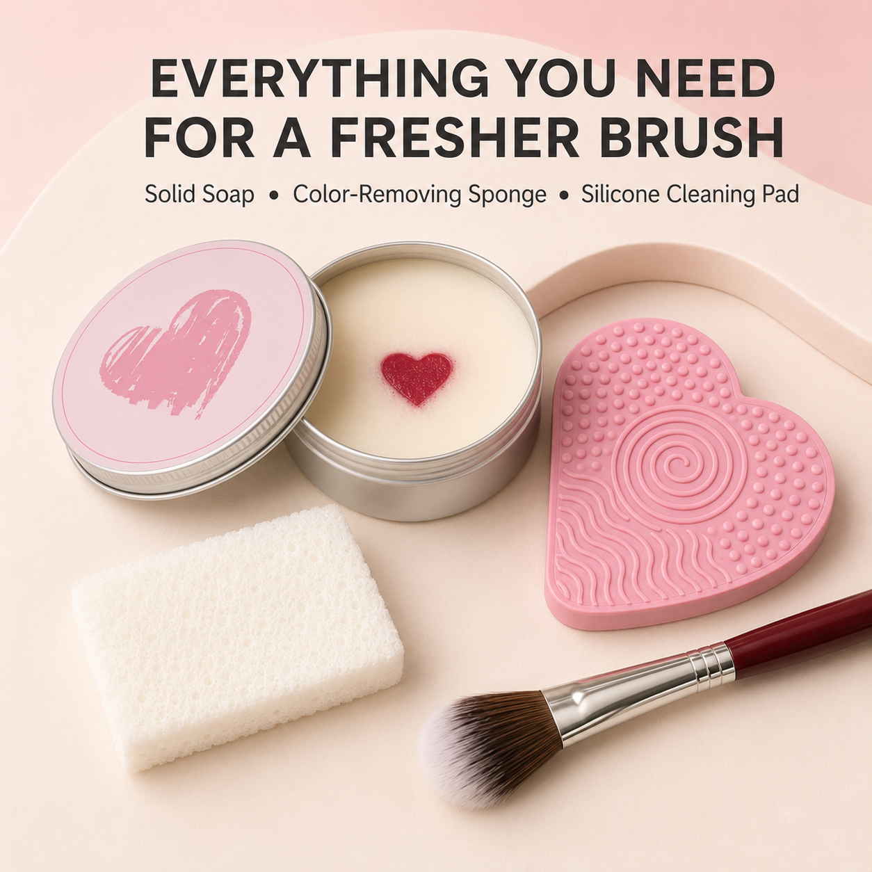 Makeup Brush Heart-Shaped Cleansing Soap – Solid Cleanser with Silicone Cleaning Pad