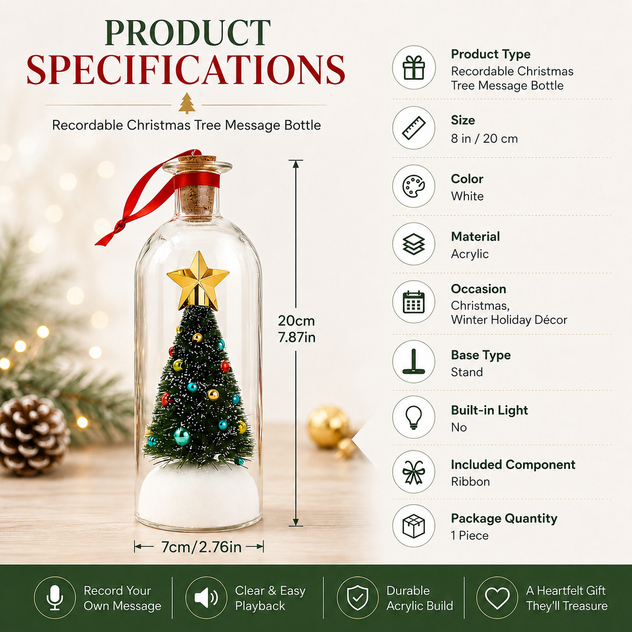 Recordable Christmas Tree Message Bottle | Personalized Holiday Decor Gift