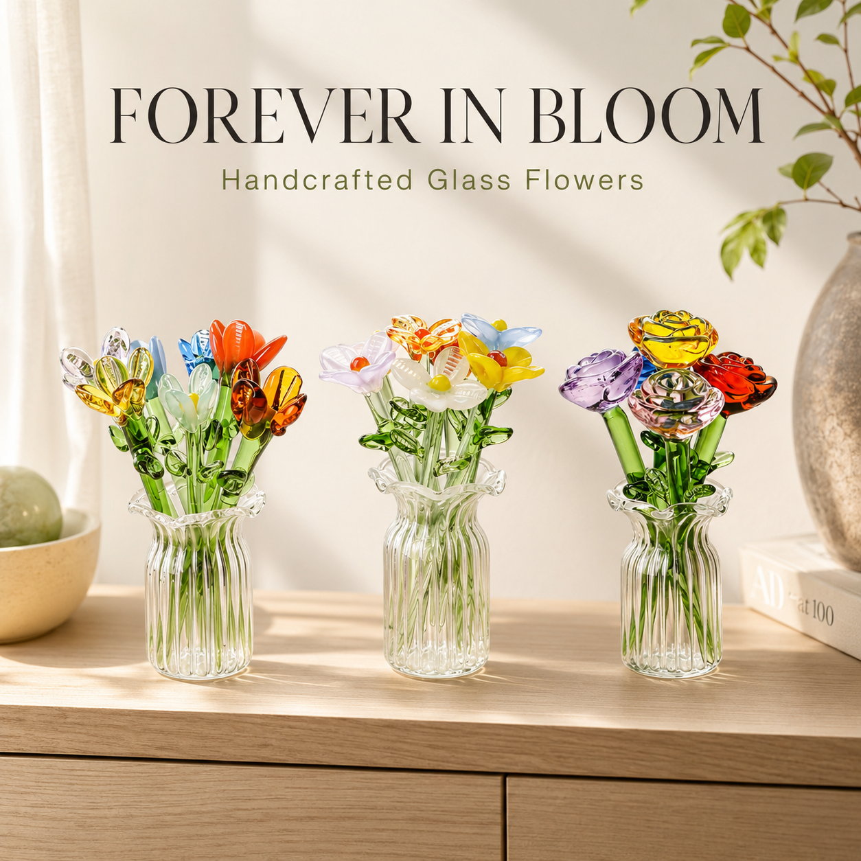 Handcrafted Mini Glass Flower Decoration Set - 7 Pieces