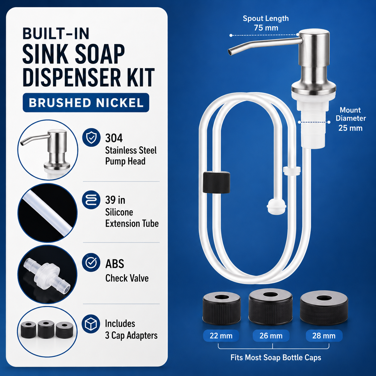 No-Refill Kitchen Sink Soap Dispenser – Brushed Nickel with 39" Extension Tube, Leak-Proof Countertop Pump