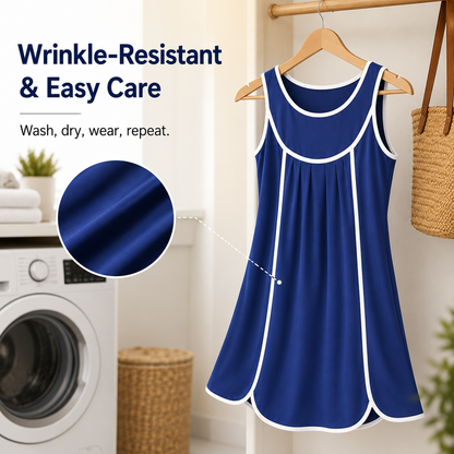 Women's Contrast Trim Sleeveless Swing Dress, Casual Loose Fit Crew Neck Mini Dress, Summer A-Line Tunic Dress for Beach & Daily Wear, Sizes XS-XXXL