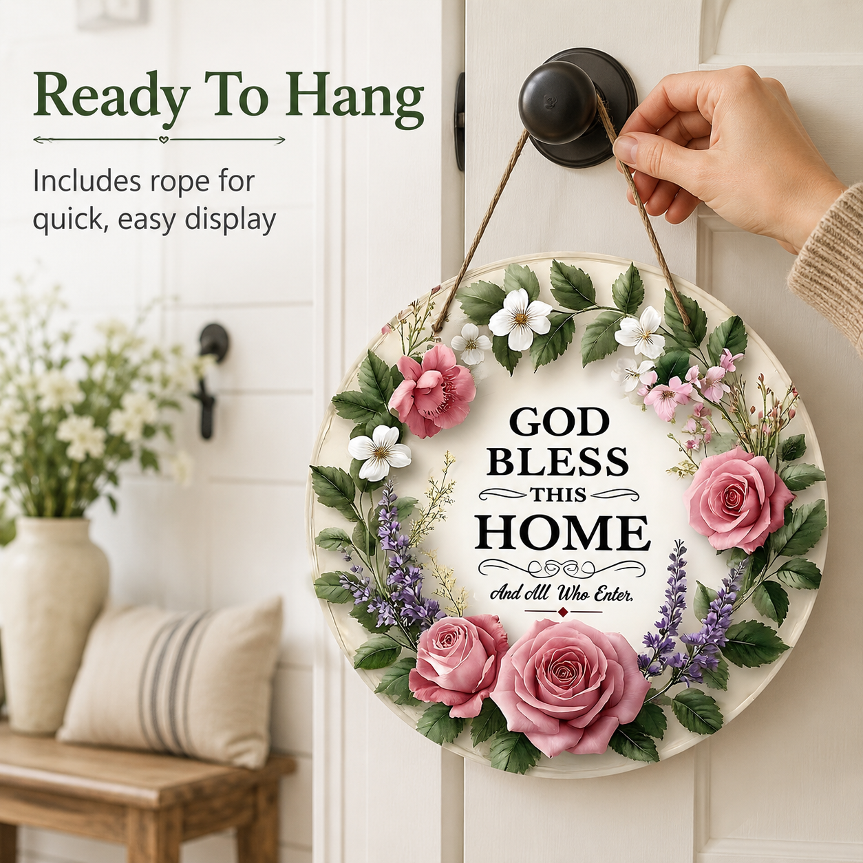 [Father's Day Gift] "God Bless This Home" Round Wooden Sign, Wreath Wall Decoration, Farmhouse Style Front Door Hanging, Inspirational Home Decor, Christian Welcome Sign, Suitable for Porch, Living Room, Housewarming Gift