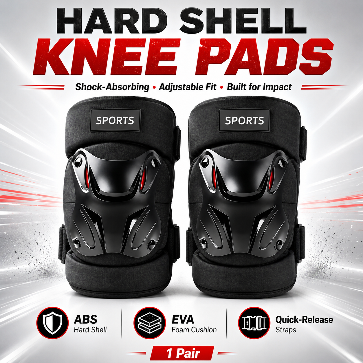 Adjustable Hard Shell Protective Knee Pads 1 Pair | Shock Absorbing Sports Knee Guards