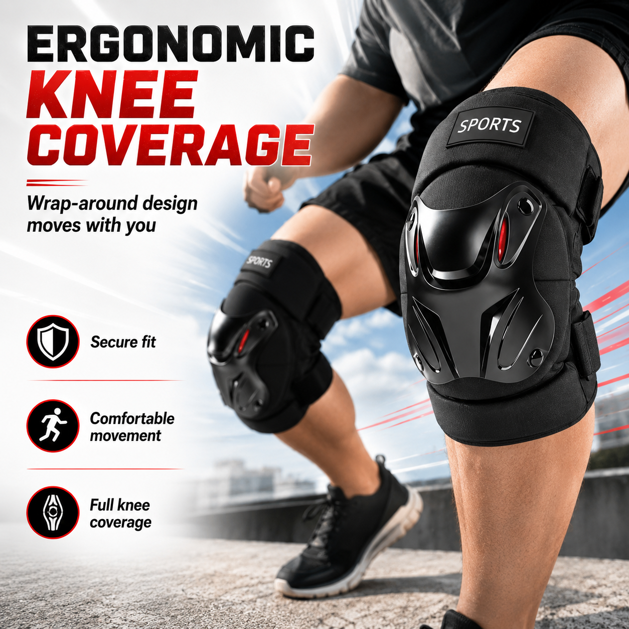 Adjustable Hard Shell Protective Knee Pads 1 Pair | Shock Absorbing Sports Knee Guards