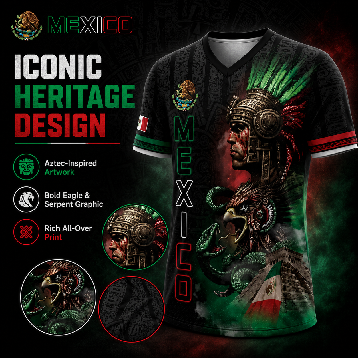 Unisex Mexico Aztec Warrior 3D All-Over Print Sports Top - Mexican Flag Eagle and Snake Graphic Tee, Cinco de Mayo Patriotic Gift, Guys Gifts, Mexico Shirts Women