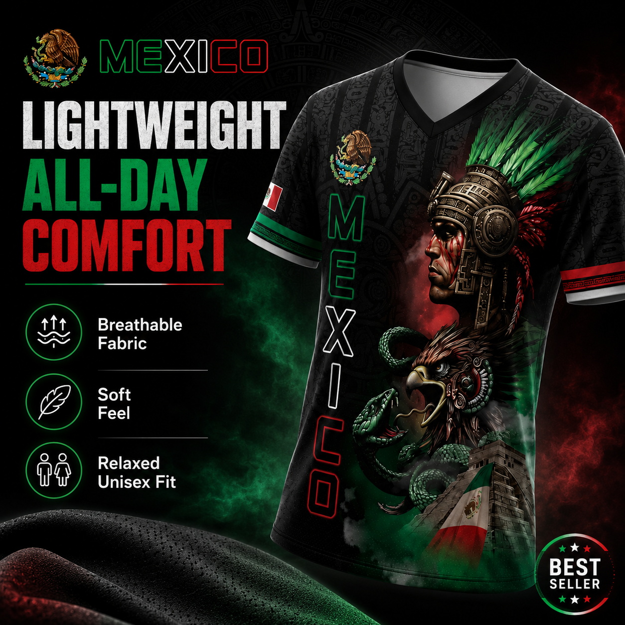 Unisex Mexico Aztec Warrior 3D All-Over Print Sports Top - Mexican Flag Eagle and Snake Graphic Tee, Cinco de Mayo Patriotic Gift, Guys Gifts, Mexico Shirts Women