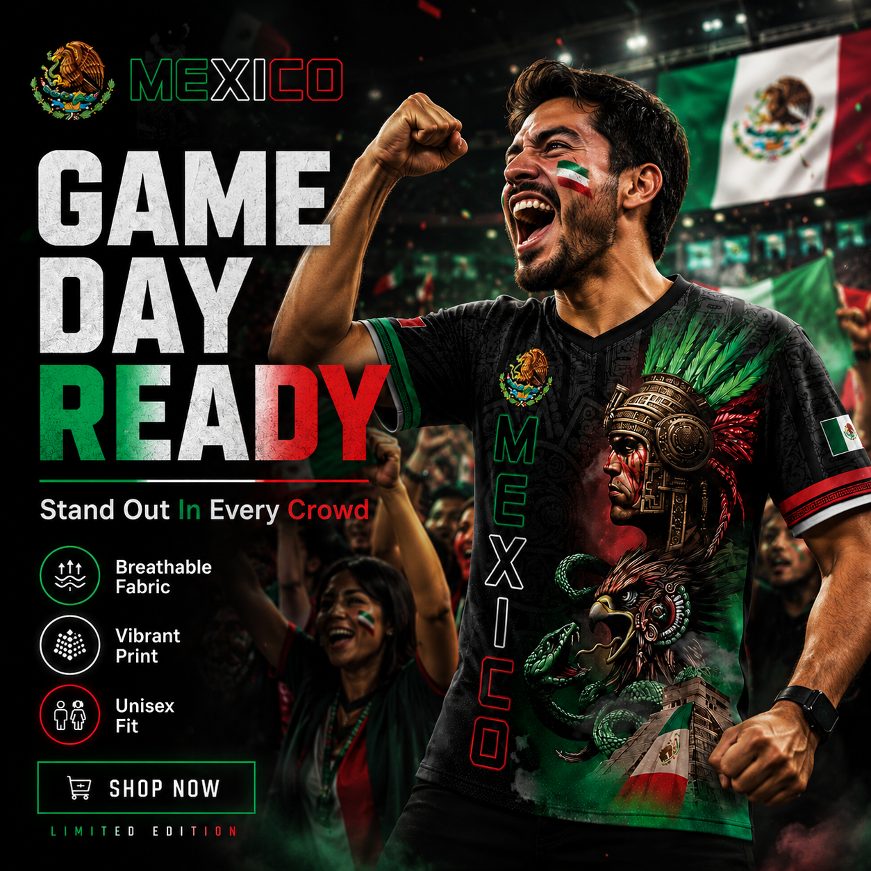 Unisex Mexico Aztec Warrior 3D All-Over Print Sports Top - Mexican Flag Eagle and Snake Graphic Tee, Cinco de Mayo Patriotic Gift, Guys Gifts, Mexico Shirts Women