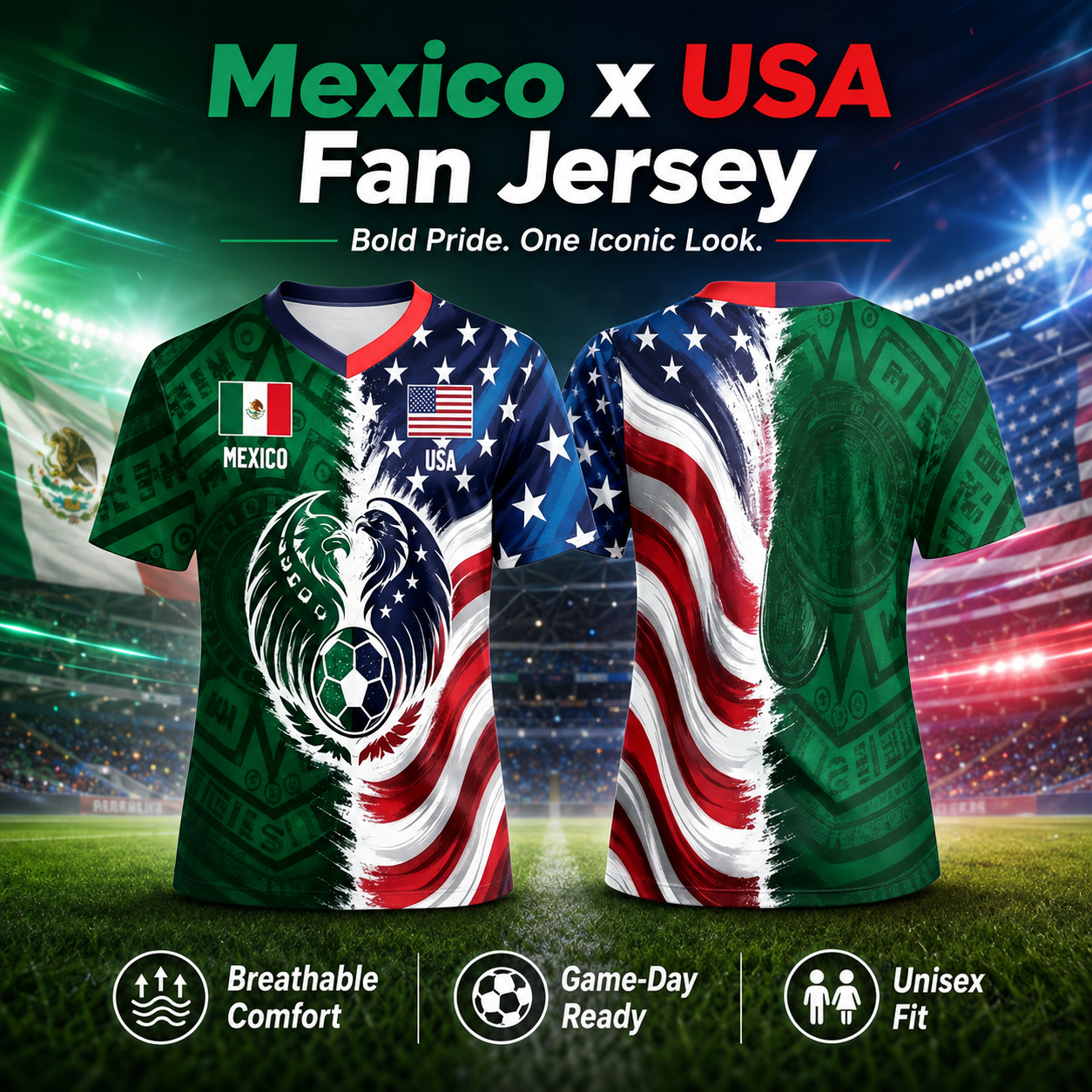 Full Half USA Half Mexico Flag Split Print Soccer Jersey
