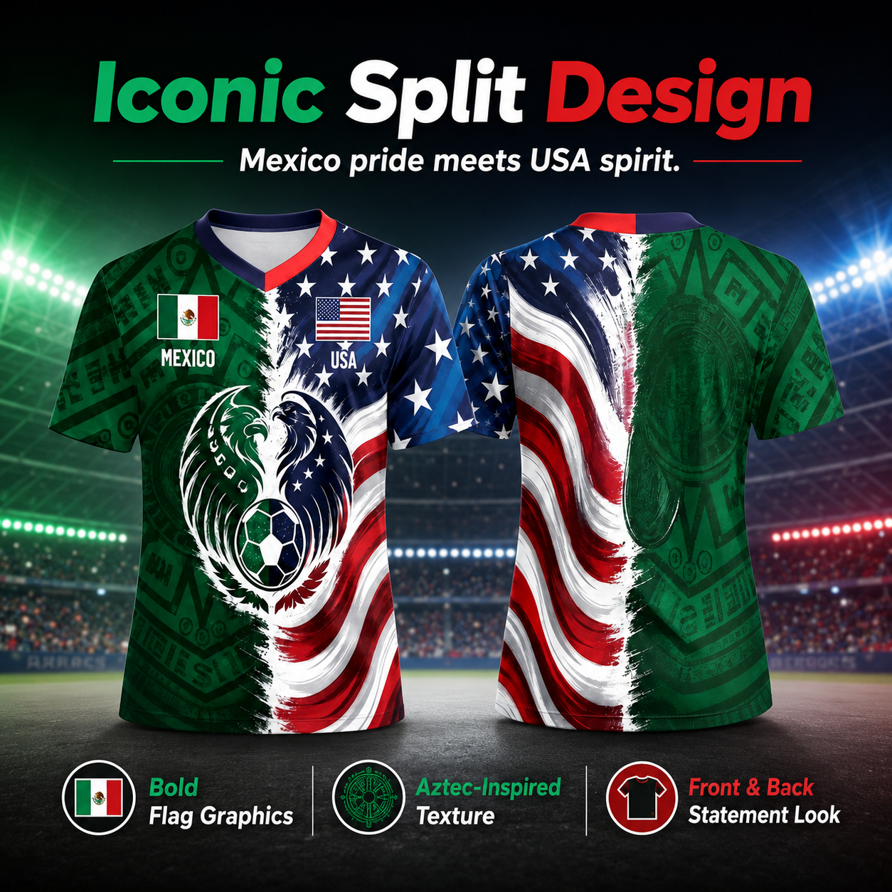 Full Half USA Half Mexico Flag Split Print Soccer Jersey