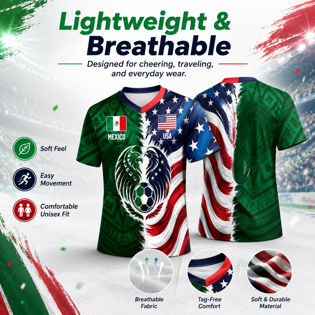 Full Half USA Half Mexico Flag Split Print Soccer Jersey