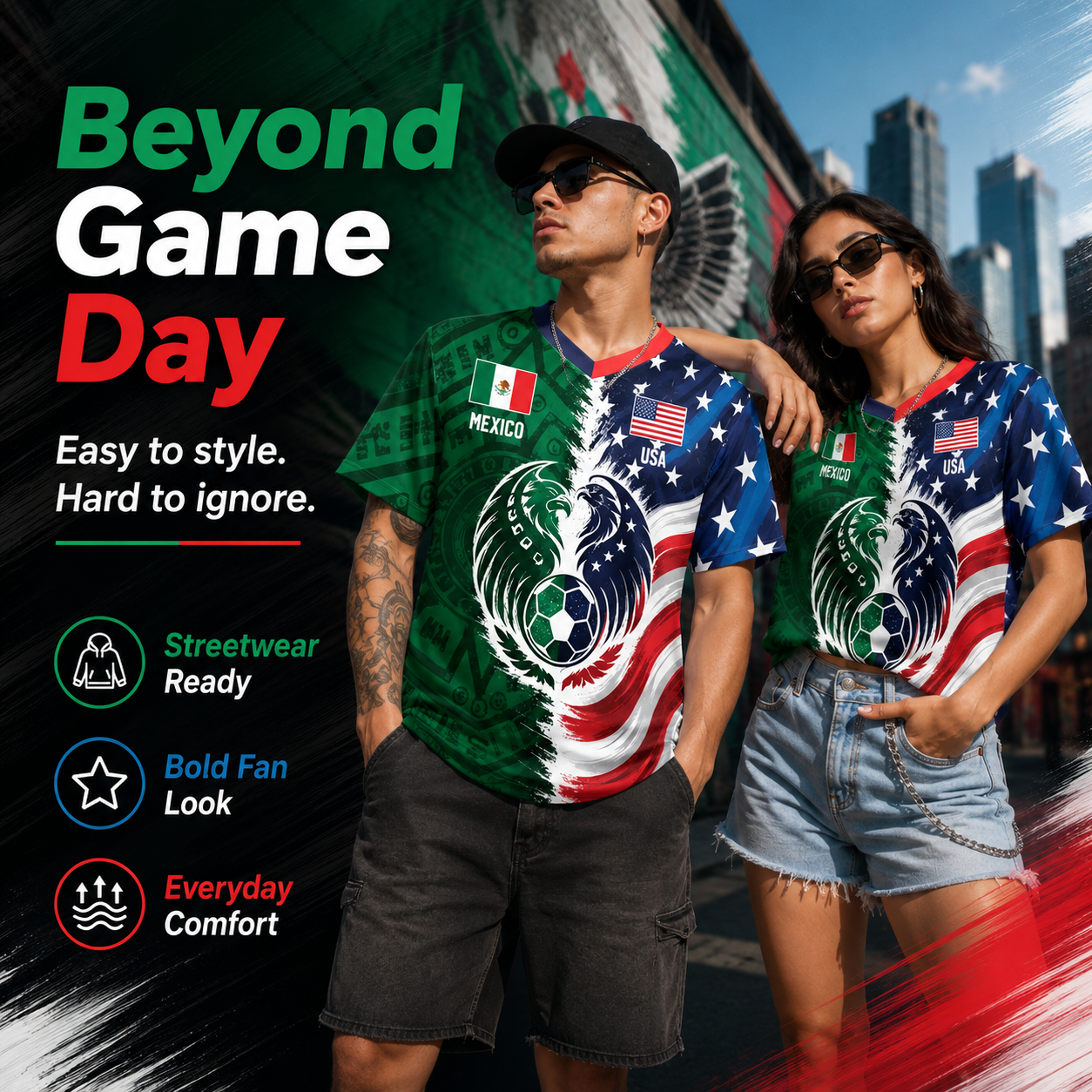 Full Half USA Half Mexico Flag Split Print Soccer Jersey